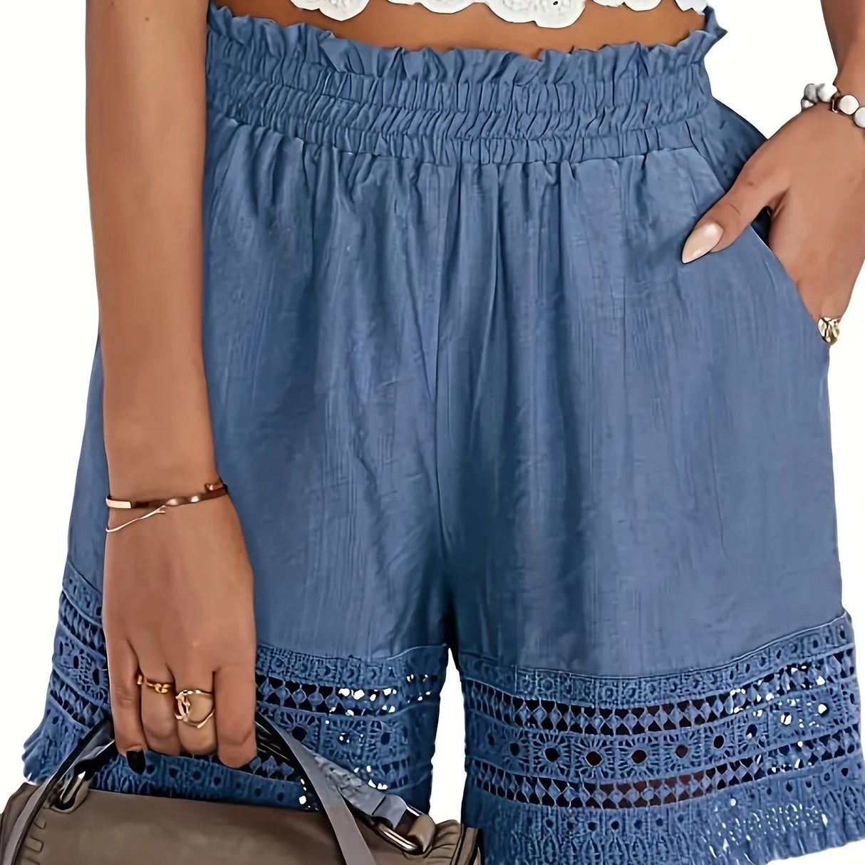 Summer Casual Shorts for Women, Lace Trim Slant Pocket Paper Bag Waist Shorts
