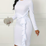 Long Sleeve Solid Ruffle Trim Belted Elegant Dress for Spring & Fall, Women's Clothing
