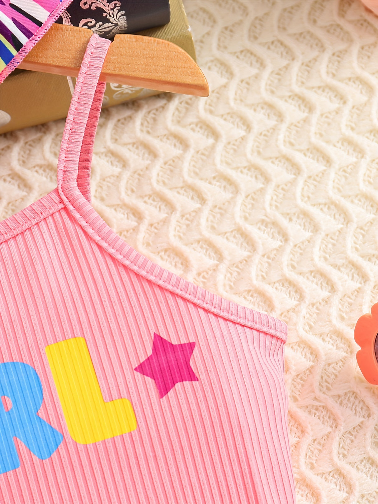 Toddler Girl's Geometric Pattern 3pcs, Ribbed Cami Top & Hat & Belted Shorts Set, Street Style Casual Outfits, Kids Clothes For Summer Vacation Music Festival