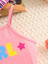 Toddler Girl's Geometric Pattern 3pcs, Ribbed Cami Top & Hat & Belted Shorts Set, Street Style Casual Outfits, Kids Clothes For Summer Vacation Music Festival