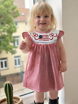Toddler Girls Patriotic 4th of July Dress with American Flag Embroidery, Ruffled Sleeves & Bow Detail - Red Gingham A-Line Cotton Blend Beach Party Outfit for Independence Day Celebrations, Little Girls Outfit Sets