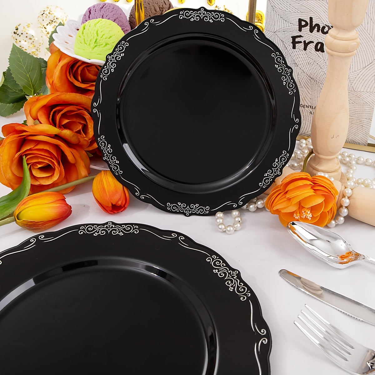 150 Pcs Black Silver Plastic Plates & Silver Plastic Silverware, Black Silver Disposable Plates for Party Include: 30 Dinner Plates 10.25 inch, 30 Dessert Plates 7.5 inch, 30 Knives, 30 Forks, 30 Spoons for Party
