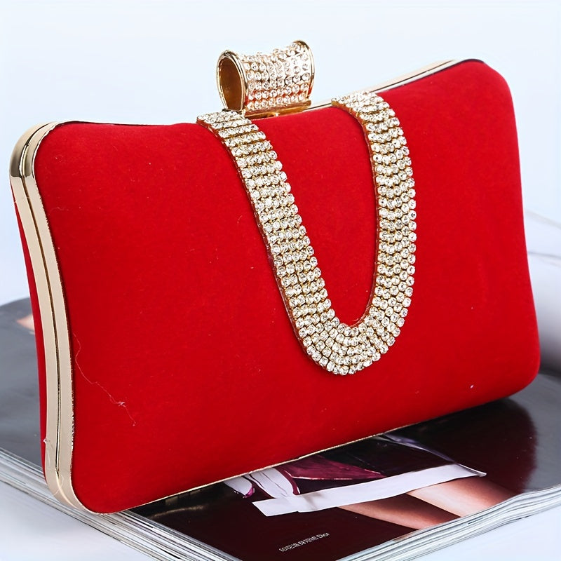 Luxurious Large Capacity U-Shaped Rhinestone Clutch Bag - Sparkling Evening Bag with Buckle Closure, Polyester Lining, and Solid Color Pattern - Perfect for Banquet and Formal Occasions