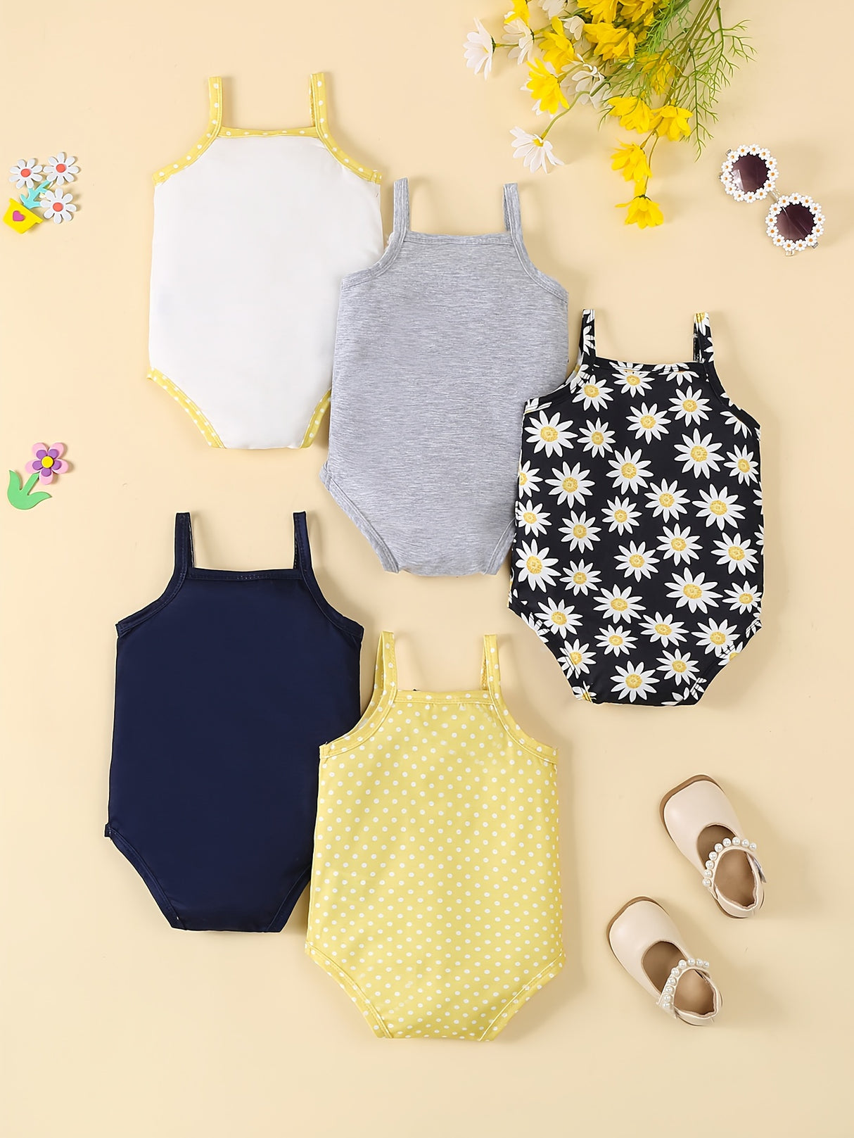 5pcs Adorable Baby Girl's Floral Romper Set - Soft Polyester & Elastane Blend, Machine Washable - Includes "Sunny Day" Daisy Tank Top, Gray Onesie with Bow, and Yellow Polka Dot Bodysuit with Suspenders, Baby Girl Clothes, Pe