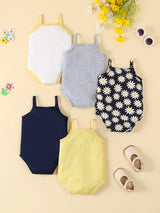5pcs Adorable Baby Girl's Floral Romper Set - Soft Polyester & Elastane Blend, Machine Washable - Includes "Sunny Day" Daisy Tank Top, Gray Onesie with Bow, and Yellow Polka Dot Bodysuit with Suspenders, Baby Girl Clothes, Pe