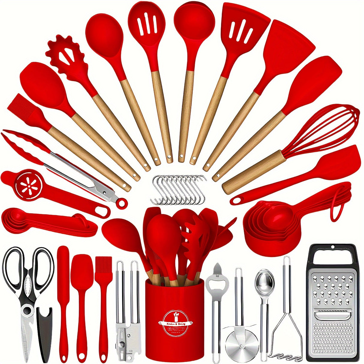 44pcs Non-Stick Silicone Kitchen Utensil Set with Wooden Handles, Includes Stainless Steel Grater & Bottle Opener