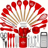 44pcs Non-Stick Silicone Kitchen Utensil Set with Wooden Handles, Includes Stainless Steel Grater & Bottle Opener