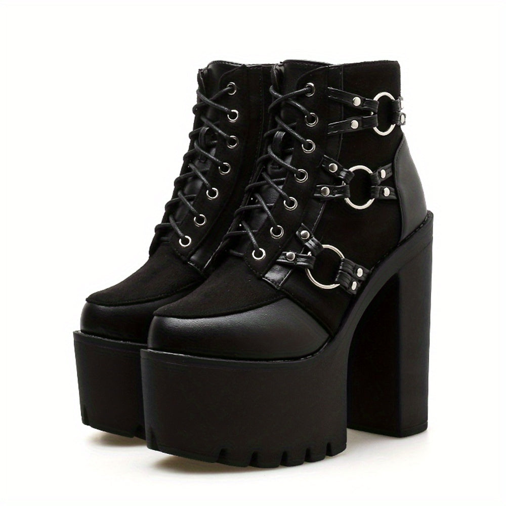 [High Heel Goth Motorcycle Boots] Women's Goth Motorcycle High Heel Boots, Block Heels Lace Up And Zipper Round Toe Platform Ankle Boots, Y2K Style Boots