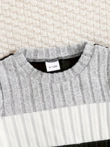 Toddler Boys 2-Piece Outfit, Spring/Autumn Knit Long Sleeve Top with Ribbed Pants, Casual Round Neck, Stretch Polyester, Color Block Design, Elastic Waistband, Baby Clothing Set, For Outdoor