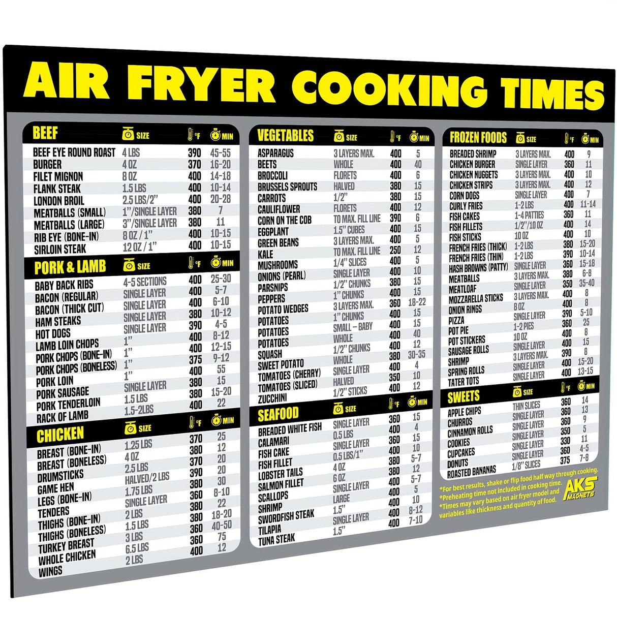 90 Food Reference Guide Air Fryer Cheat Sheet Magnets - Extra Large, Easy-to-Read, Magnetic Cooking Time Chart and Kitchen Gadget - Perfect for Beginners and Busy Home Cooks - Gray