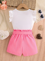 2pcs Girls Daily Casual Heart Print Crew Neck Sleeveless Top & Bow Shorts With Belt For Summer Kids Clothes