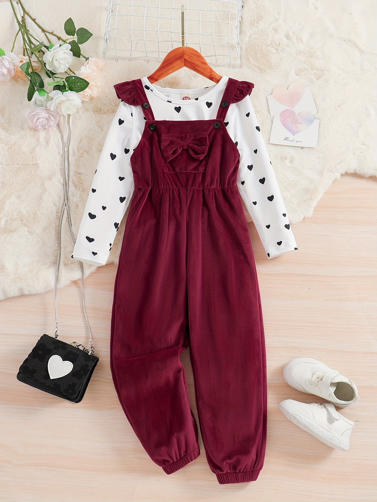 Girl's 2pcs, Bowknot Decor Corduroy Overalls & Heart Allover Print Top Set, Casual Outfits, Kids Clothes For Spring Fall