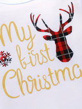 My First Christmas Baby Girl Outfits, Newborn Cartoon Deer & Letter Print Long Sleeve Ruffle Romper + Plaid Suspender Skirt + Leg Warmer 3pcs For 0-18 Months Babies, Outdoor Cloth