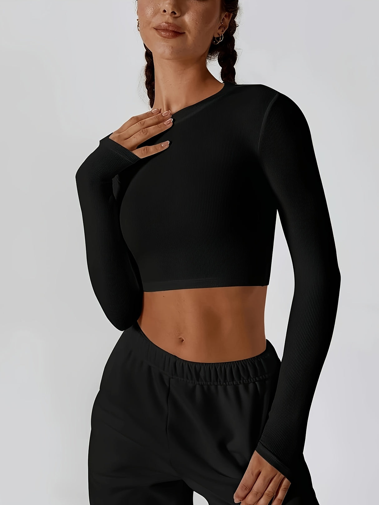 Womens Long Sleeve Shirts Ribbed Crop Tops Workout Slim Fit Crew Neck Stretchy Fitted Tee