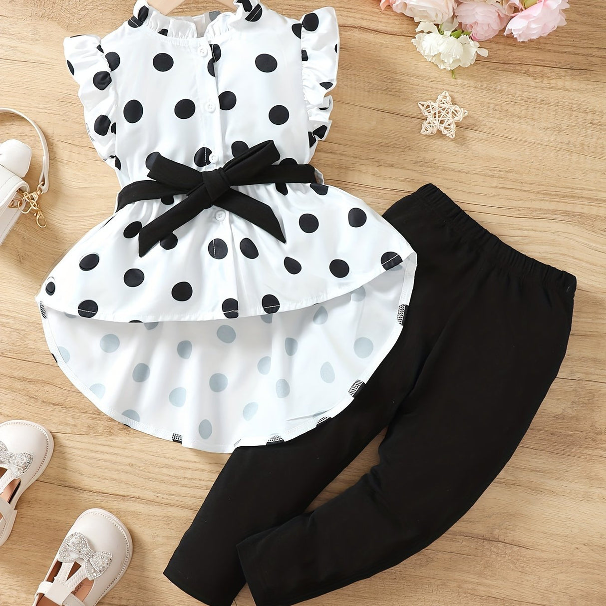 Little Girls Polka Dot 2pcs Ruffle Sleeveless Peplum Blouse Top & Legging Pants Set