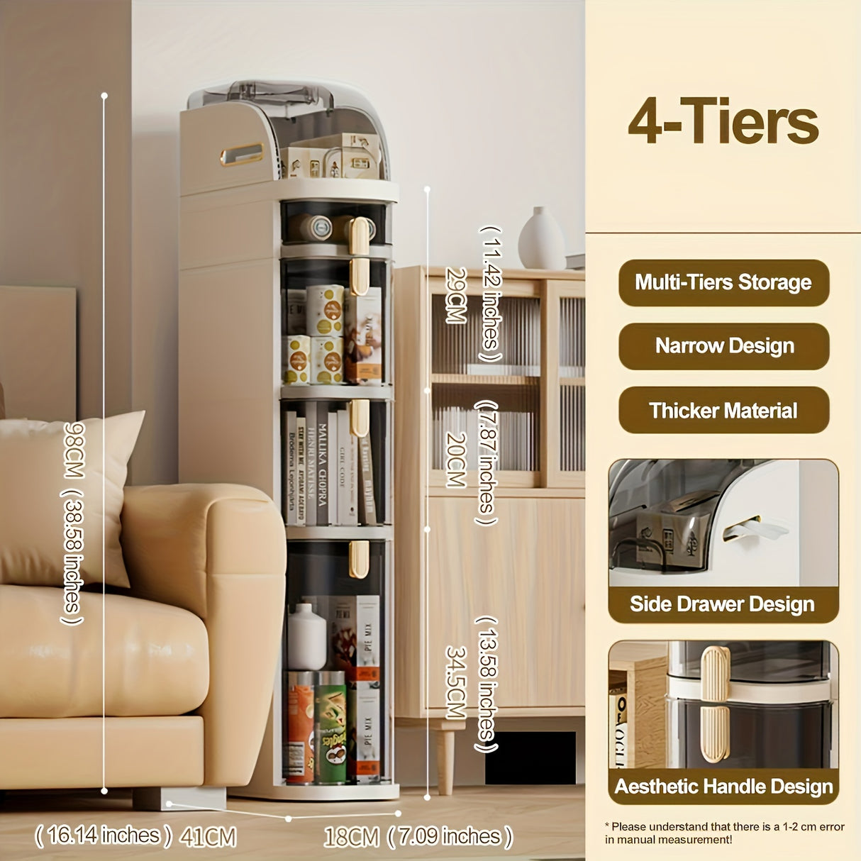 1pc Slimline Multi-Tier Waterproof Storage Cabinet with Rollers - Space-Saving Solution for Bathroom Essentials & Linens, No Assembly Required, Easy Access, and Durable Construction