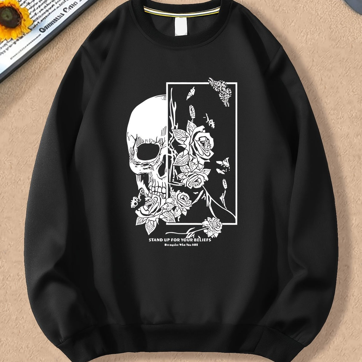 Spring And Autumn, Men'S Fashion Crew Neck Sweater, Skull Rose Letter Print Pattern, Outdoor Wear Inside And Outside With The Same Crew Neck Sweater For Men And Women