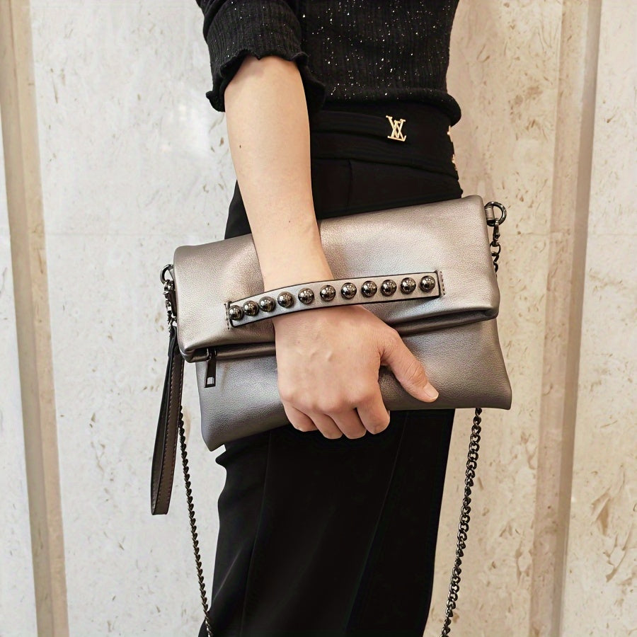 Punk Edge Rivet Clutch Bag - Chic Chain Crossbody - Durable Synthetic Leather Flap Purse for Fashionistas