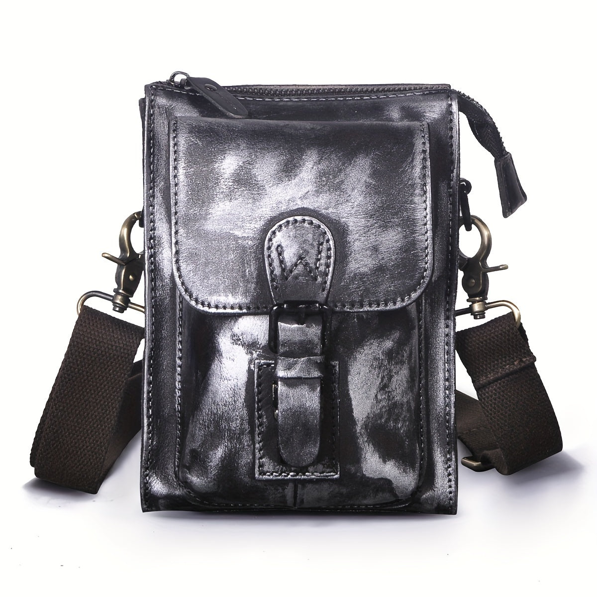 Genuine Crazy Horse Leather Unisex Crossbody Sling Waist Bag, Retro Travel Phone Pouch Fanny Belt Bag, 6402