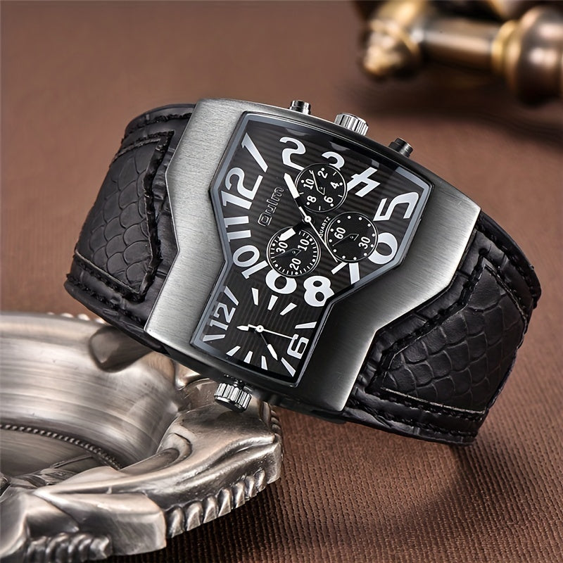Oulm Classic Style Two Time Zone Men's Watches PU Leather Wristwatch Male Quartz Clock, Ideal choice for Gifts