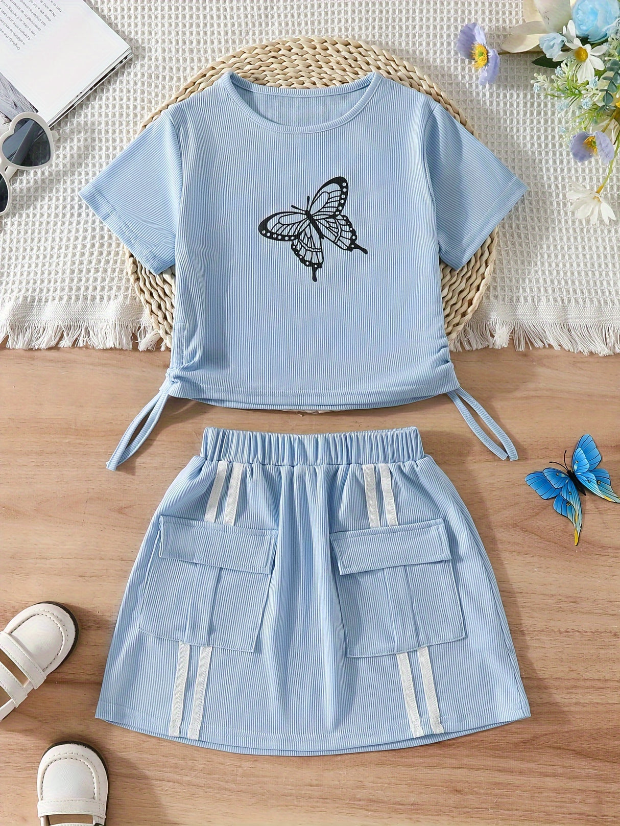 Girl's Trendy 2pcs, Drawstring T-shirt & Skirt Set, Butterfly Print Ribbed Short Sleeve Top, Casual Outfits, Kids Clothes For Summer
