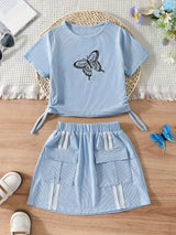 Girl's Trendy 2pcs, Drawstring T-shirt & Skirt Set, Butterfly Print Ribbed Short Sleeve Top, Casual Outfits, Kids Clothes For Summer