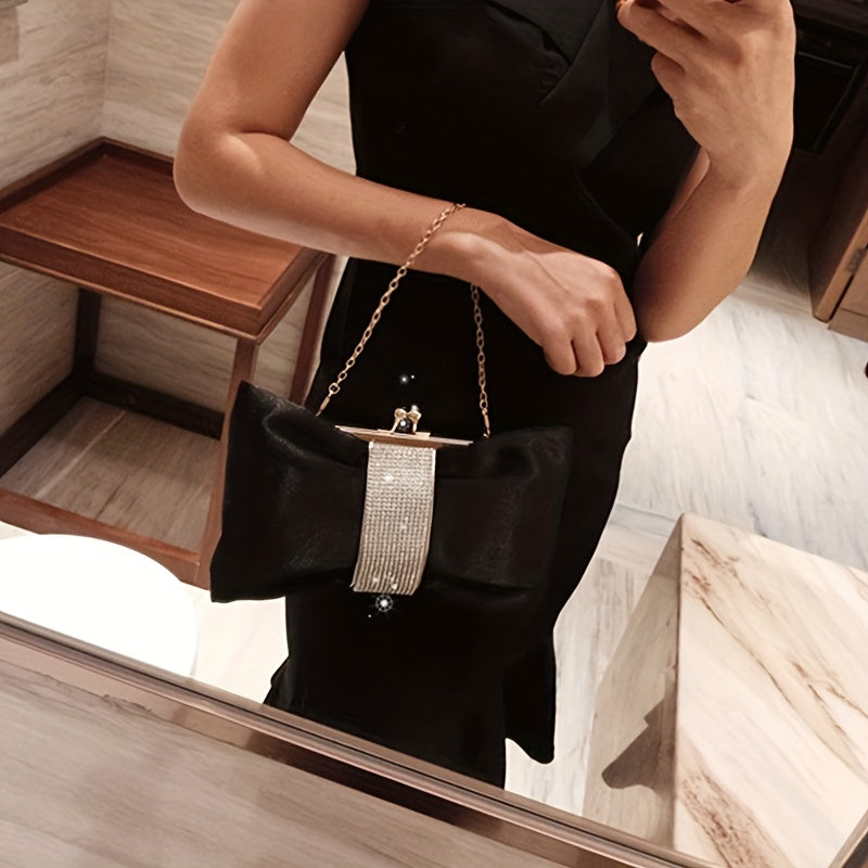 Rhinestone Decor Fashion Clutch Bag, Kiss-Lock Metal Chain Portable Handbag, Women's Purses & Evening Bags