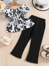 Girls 2pcs Shirred Shirt & Elastic Waist Flared Pants Set Floral Print Short Puff Sleeve Top Elegant Kids Clothes Summer