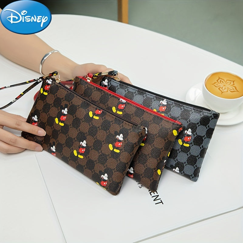 Disney Mickey Mouse Print Clutch Bag, Cartoon Genuine Leather Mobile Phone Bag, Cute Anime Wrist Wallet Coin Purse