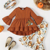 Girls 3pcs Ruffle Top & Elastic Waist Flared Pants & Scarf Set BOO Ghost Print Long Sleeve Pullover Top Halloween Style Casual Kids Clothes Spring Fall