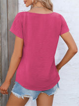 Womens Charming Solid Button Front Blouse - Casual V Neck, Short Sleeve, Perfect for Spring & Summer - Lightweight, Versatile, Ideal Everyday Style - Suitable for Multiple Occasions