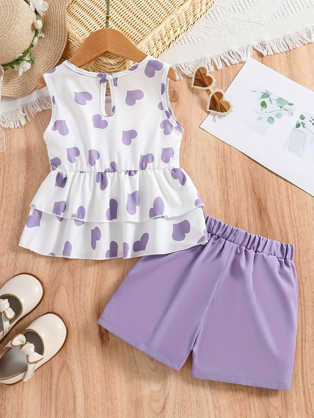 Girls Casual Trendy Cute Heart Graphic Sleeveless Peplum Top & Shorts Set For Summer Holiday Party Kids Clothes
