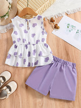 Girls Casual Trendy Cute Heart Graphic Sleeveless Peplum Top & Shorts Set For Summer Holiday Party Kids Clothes
