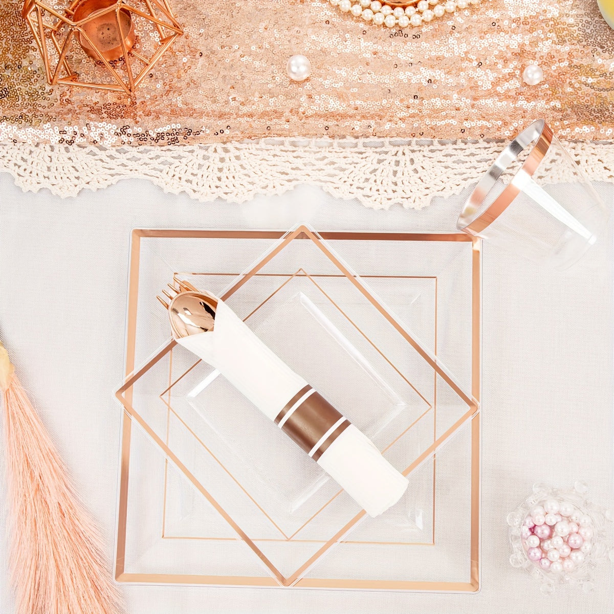 175 PCS Clear Gold Plastic Plates, Gold Plastic Dinnerware Sets Includes: 25 Dinner Plates, 25 Salad Plates, 25 Pre Rolled Napkins with Gold silverware, 25 Cups 9 OZ, Perfect for Wedding and Party (gold/rose gold), Hand washa