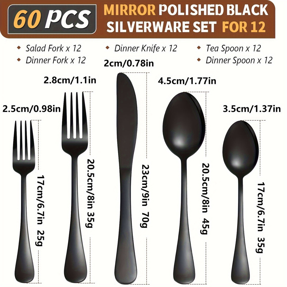 60pcs, Stainless Steel Flatware Set, Black & Golden Silverware, Mirror Polished Cutlery Set, Includes Knives, Forks, Spoons, For Weddings, Birthdays, Independence Day, Dishwasher Safe