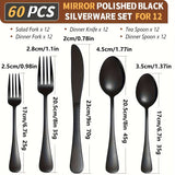 60pcs, Stainless Steel Flatware Set, Black & Golden Silverware, Mirror Polished Cutlery Set, Includes Knives, Forks, Spoons, For Weddings, Birthdays, Independence Day, Dishwasher Safe