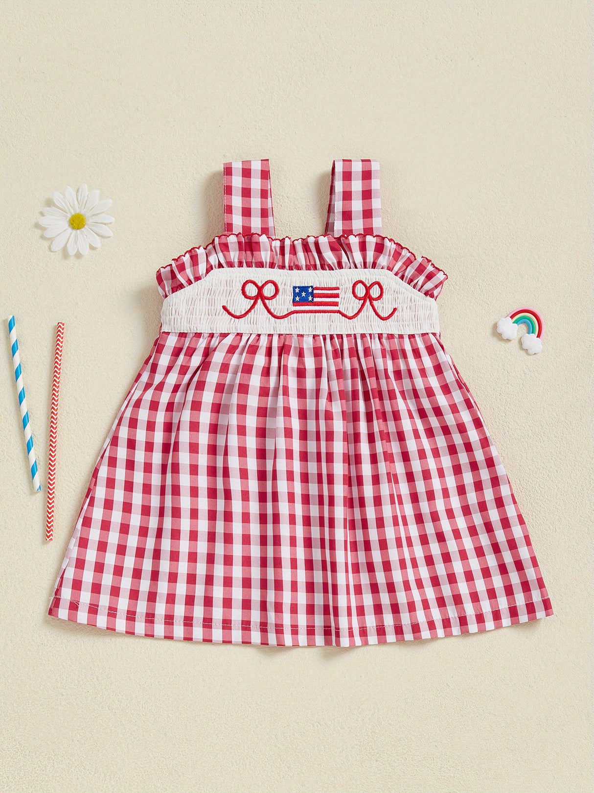 [Patriotic Girls' Dress] Patriotic Red White & Blue Girls' A-Line Dress | Machine Washable, Nontransparent Fabric, Flag Bow Embroidery - Summer Beach Party Outfit, Casual Playwear, Little Girls Clothes