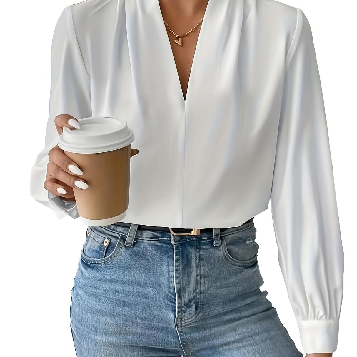 Chic Solid V-Neck Pleated Blouse - Stylish Workwear for Women - Fashionable Long Sleeve, Professional & Elegant - A Must-Have Office Wardrobe Staple
