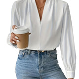 Chic Solid V-Neck Pleated Blouse - Stylish Workwear for Women - Fashionable Long Sleeve, Professional & Elegant - A Must-Have Office Wardrobe Staple