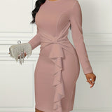 Long Sleeve Solid Ruffle Trim Belted Elegant Dress for Spring & Fall, Women's Clothing