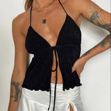 Women Halterneck Crop Tops Summer Solid Color Bandage Open Front Backless Sleeveless Tops Streetwear