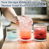 12Pcs, Ribbed Glasses, Drinking Glass Set, Vintage Glassware for Kitchen, Old Fashioned Whiskey Tumblers, Perfect for Juice, Cocktails, and Beverages