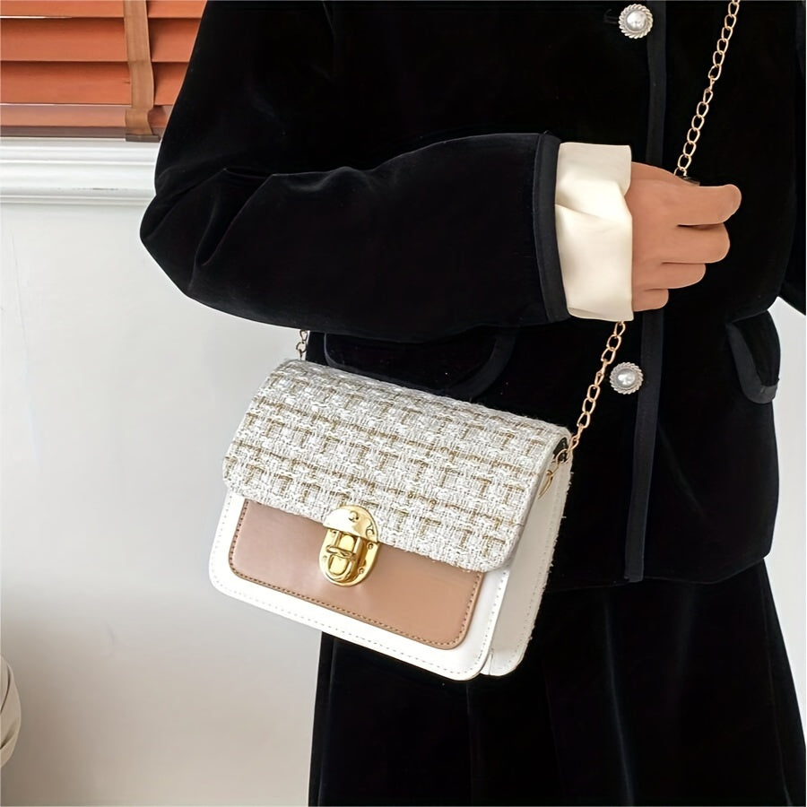 Fashion Tweed Chain Crossbody Bag, Mini Chain Square Purse, Trendy Turn Lock Shoulder Bag For Women