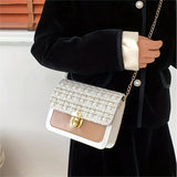 Fashion Tweed Chain Crossbody Bag, Mini Chain Square Purse, Trendy Turn Lock Shoulder Bag For Women