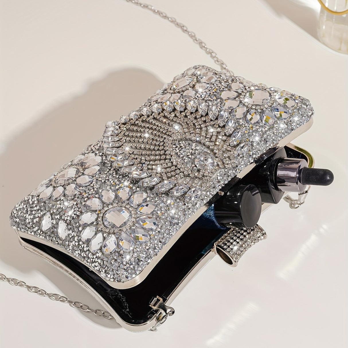 Elegant Silvery Rhinestone Clutch, Women'S Evening Party Handbag with Removable Strap, Crystal Beaded Bridal Wedding Purse, Buckle Closure, Polyester Lined