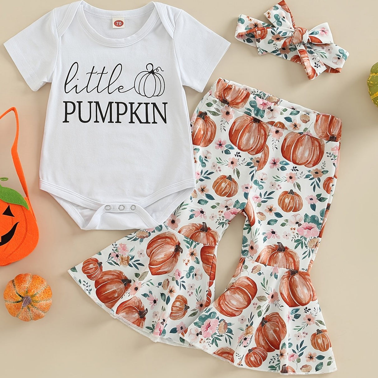 3pcs Pumpkin Floral Print Baby Girl Set: 3-Piece Romper, Bodysuit, Pants & Headband