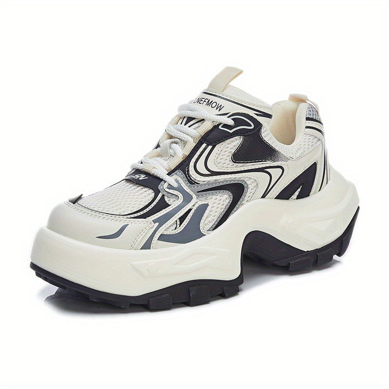 Women's Fashion Trendy Thick Bottom Running Shoes, Versatile Breathable Lace Up Chunky Sneakers