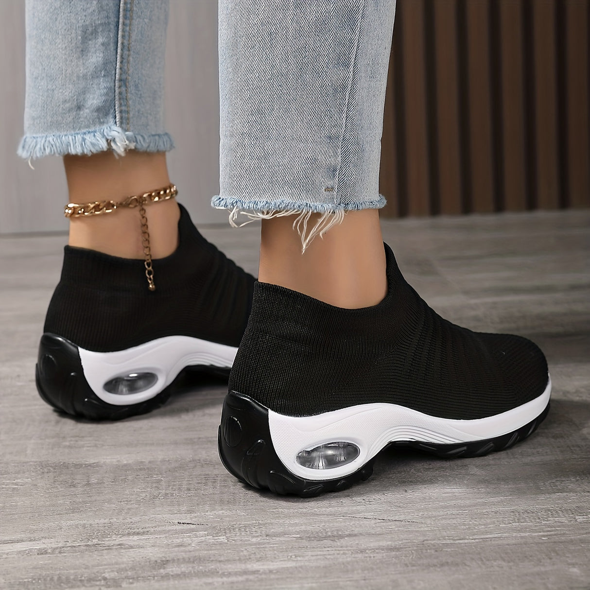 SOSENFER Women's 2089 Breathable Knit Running Shoes - Low-Top Slip-On Design, All-Season Comfort with PU Cushioned Sole for Gym, Jogging & Casual Wear (Black/White)