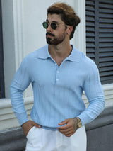 Elegant Lapel Collar Knit Sweater for Men - Viscose 100%, Long Sleeve Solid Color Jumper with Slight Stretch, Fall/Winter Fashion Knitted Pullover, Regular Fit
