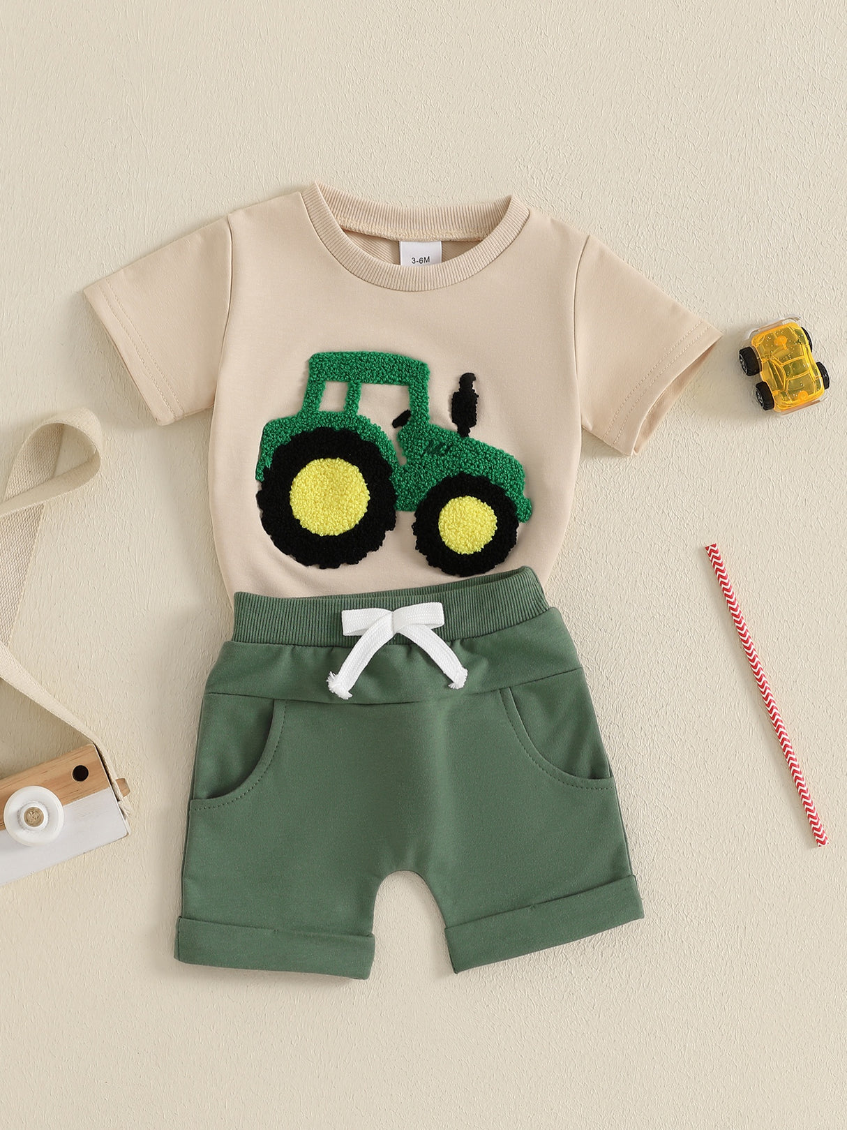 Toddler Boys Summer Outfits Truck Embroidered Round Neck Short Sleeve T-Shirts Elastic Waist Shorts 2pcs Clothes Set